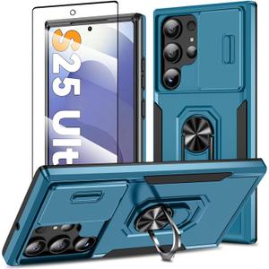 Case for Samsung Galaxy S25 Ultra with Ring Kickstand & Screen Protector, Military Grade Drop Protection Case with Slide Camera Cover, Heavy Duty Shockproof Cover for Samsung S25 Ultra 6.8 inch, Blue