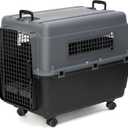 SportPet Airline Compliant LARGE 31.5" Travel Dog Kennel- Durable Plastic Airline Pet Carrier w/ Removable Wheels & Food Bowls, Collapsible Indoor/Outdoor Dog Kennel, Dogs up to 28"L & 20"H-Dark Gray