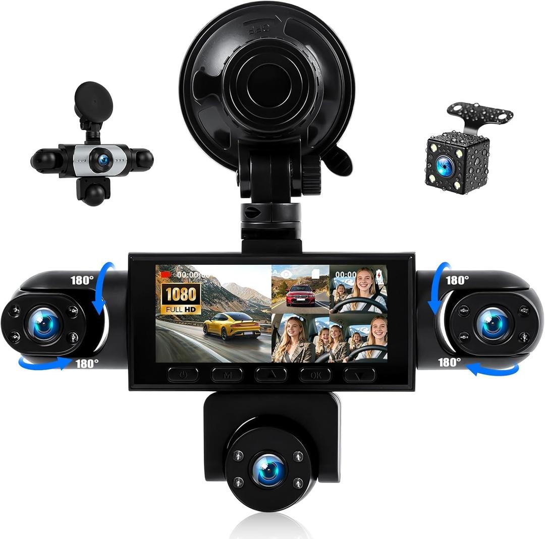 5 Channel Dash Cam 360Wide Angle Dash Camera for Cars 1080P with Loop Recording Night Vision Reversing Help 3.16-inch Dash Cam Front and Rear