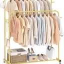 Laiensia Double Rods Garment Rack with Wheels, Clothing Rack for Hanging Clothes,4 Hooks, Multi-Functional Bedroom Clothes Rack, Gold