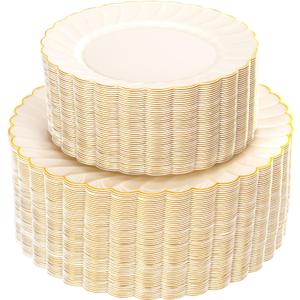 YOUBET 100PCS Ivory Scalloped Plastic Plates  Heavy Duty Gold Disposable Fancy Hard Plates Include 50 Dinner Plate, 50 Dessert Plate, for Wedding & Party Valentines Day