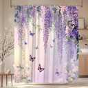 Purple Floral Butterfly Shower Curtain Rustic Weeping Wisteria Blossom Watercolor Lavender Flower Green Leaves Spring Garden Nature Scenery Bathroom Decor Polyester Curtains with Hooks,70Wx70L