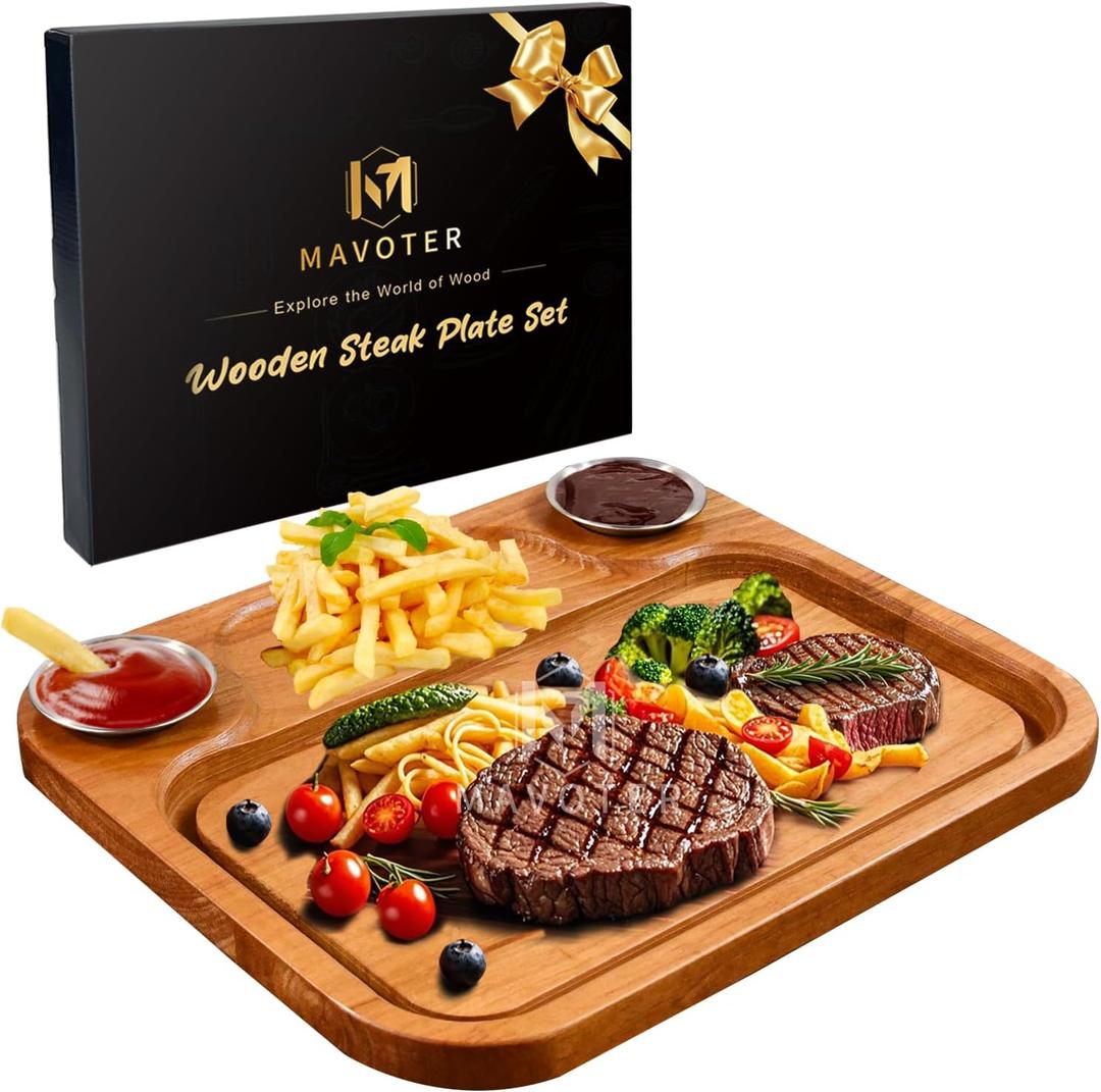 MAVOTER Wooden Steak Plates include 2 Sauce Cups, Wood Steak Board Set Serving Tray for Food Meat Cutting Board with Juice Groove, Charcuterie Board Platter for Home