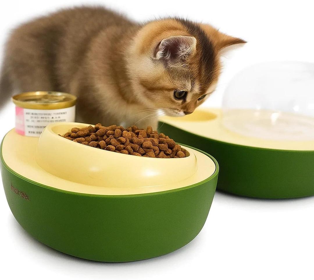 Cat Food and Water Bowl  Avocado Cat Bowl with Water Dispenser Pet Bowl& Small Dogs, Non-Spill, Anti-Choke, Eco-Friendly Dog Feeding Bowl Water Fountain 3-in-1 (Green&Yellow)