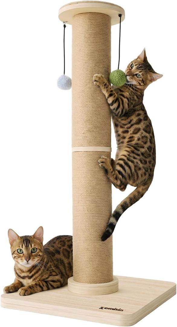 ZOMISIA 35'' Tall Cat Scratching Post, 4.7'' Large Scratch Post with Thicken Wooden Base for Indoor Cats Adults, Sisal Scratcher Top & Dangling Balls, Super Sturdy
