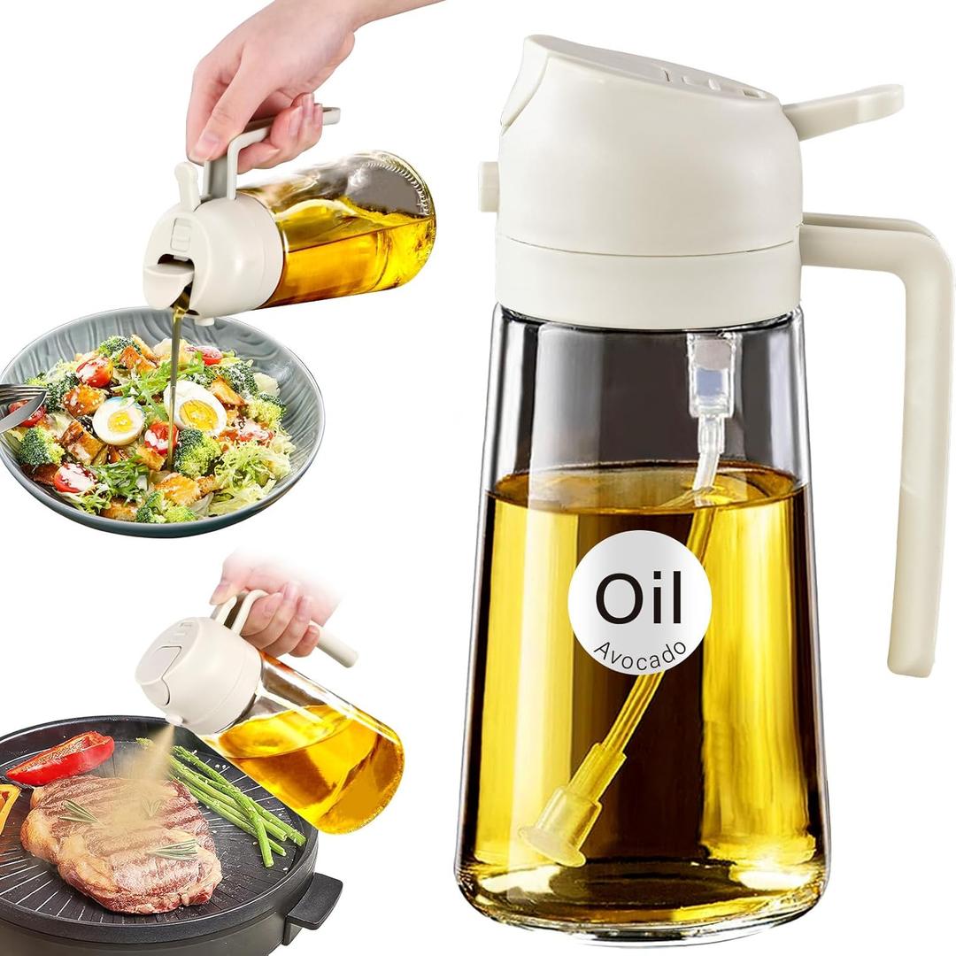 YRRAMATE 16oz/470ml Glass Olive Oil Sprayer for Cooking with Stickers, 2 in 1 Oil Dispenser for Kitchen Gadgets, Food Grade Premium Spray Bottle for Salad, Frying, BBQ (Creamy White)