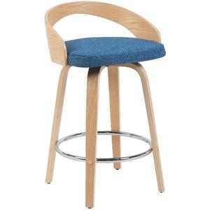 Sonia Modern Swivel Counter Height Bar Stool with Blue Upholstered Seat and Patterned Oak Wood Finish Set of 2, 26" Seat Height