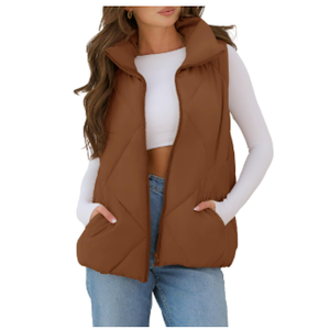 MEROKEETY Womens 2025 Puffer Vest Sleeveless Zip Up Quilted Coat Stand Collar Gilet Jacket With Pockets (Small, Brown)
