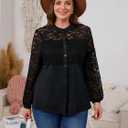 Plus Size Blouse for Women - Elegant Lace Flowy Tunic Tops Dressy Casual Long Sleeve Button Down Shirts (Black, XXL)
