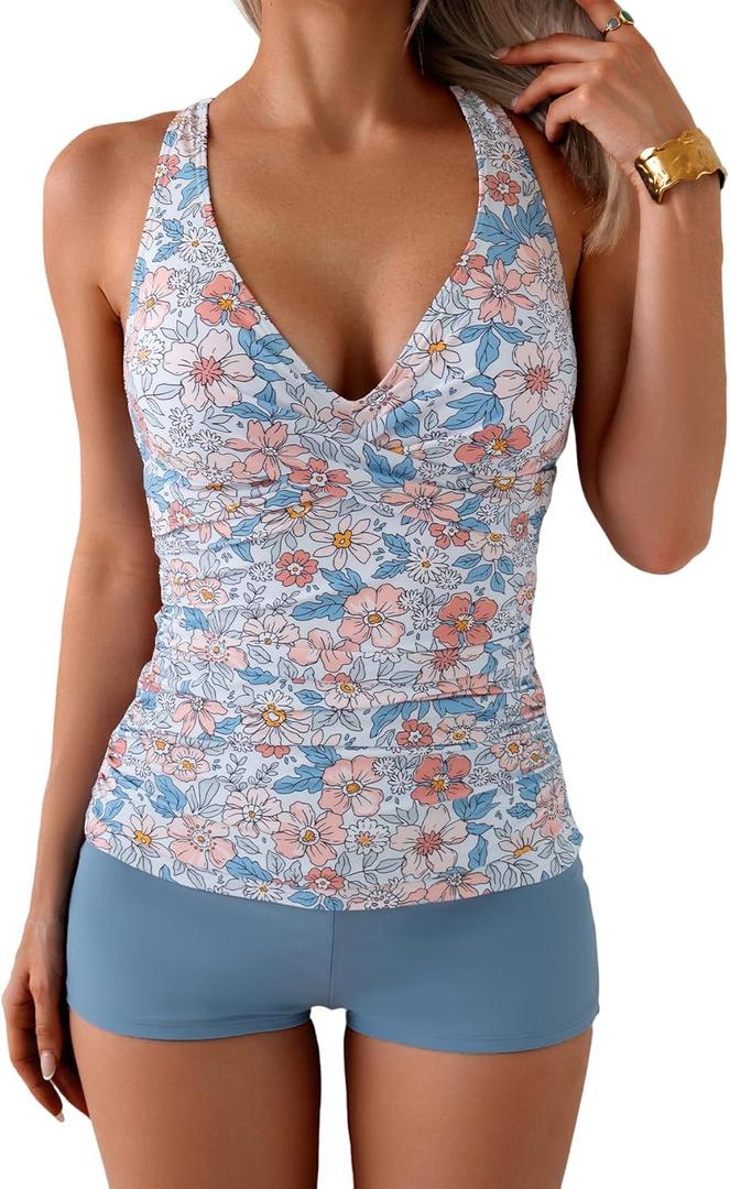 B2prity Women's Tankini Swimsuits Tummy Control Ruched Two Piece Bathing Suit V Neck Wrap Tie Back Swimwear with Shorts (Large, Orange Floral)