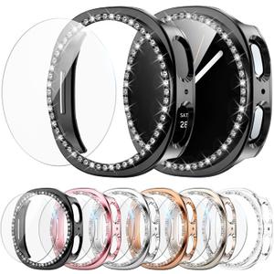6+6 Pack Bling Case for Samsung Galaxy Watch 8 40mm Screen Protector, Sparkling Rhinestone Hard PC Case + HD Anti-Fog Tempered Glass Film, Waterproof Face Cover Set for Galaxy Watch 8 40mm (Black/Pink/Silver/Rose Gold/Starlight/Clear)