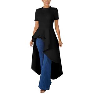Lrady Women Ruffle High Low Asymmetrical Short Sleeve Peplum Tops Blouse Shirt Dress (Black, XL)