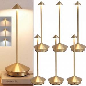 6 Pack Cordless Table Lamp, 3 Color Stepless Dimmable, Gold