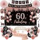 60th Birthday Decorations for Women, 33pcs Black Rose Gold Happy 60th Birthday Banner Crown and Sash Balloons Backdrop Hanging Swirls Paper Fans, 60 Years Old Party Supplies Kit