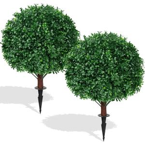 Artificial Boxwood Topiary Ball Trees,2 Set of 16'' UV Resistant Fake Evergreen Shrubs Bushes Plants with Ground Spike, Fake Plants for Outdoor Indoor Front Porch Garden