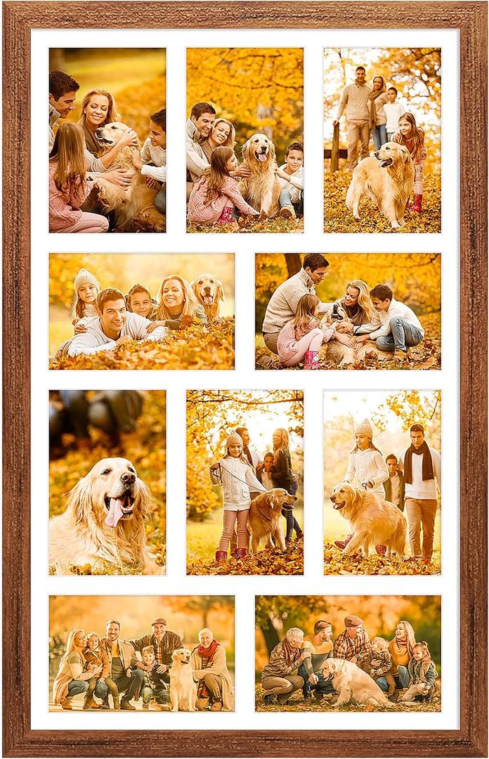13x21 Collage Frame with 10 Openings 4X6 Pictures, Multiple Picture Frame with Mat, Wall or Tabletop Decor, Carbonized Brown Wood Grain,1 Pack