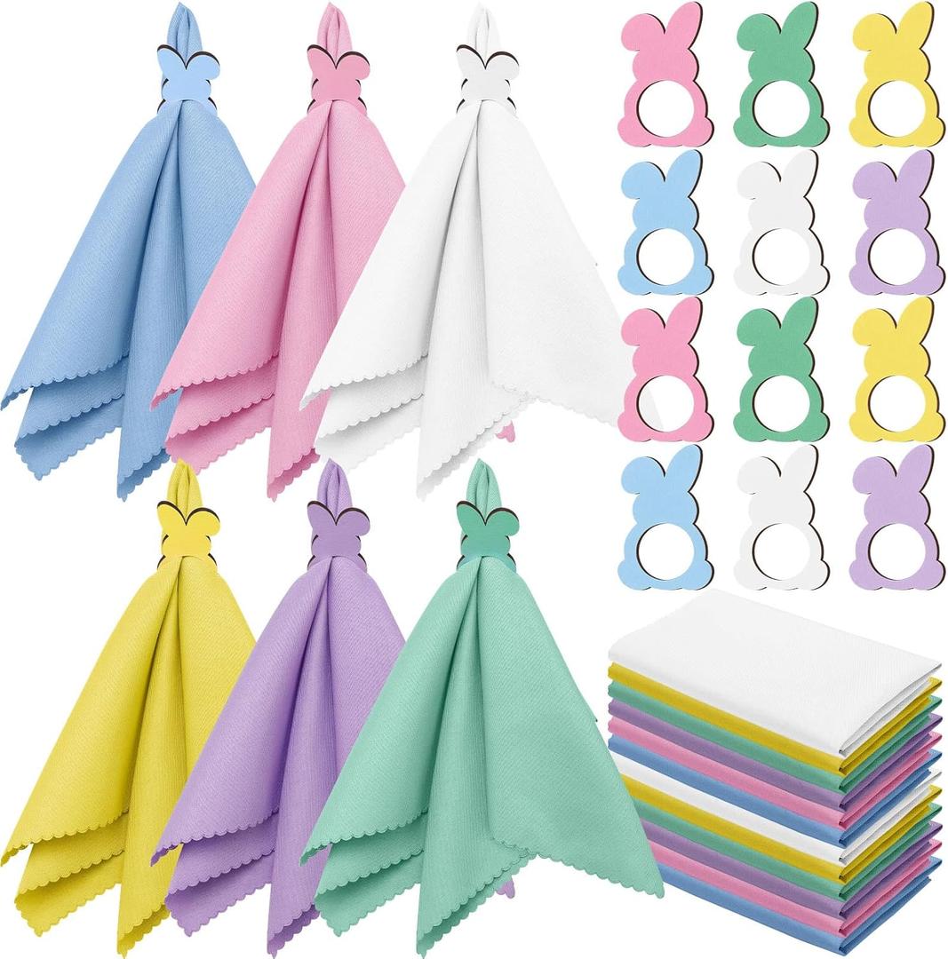 24 Pcs Easter Pastel Cloth Napkin with Wooden Bunny Napkin Rings Set 6 Colors Reusable Fabric Spring Cocktail Napkins Rabbit Ring Holders for Easter Wedding Party Dinner Table Supplies