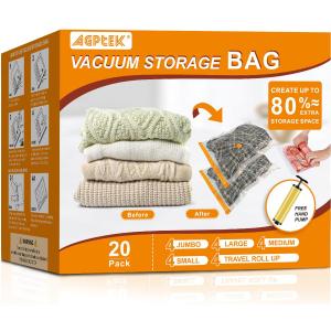 AGPTEK 20pcs Vacuum Storage Bags(4 Jumbo/4 Large/4 Medium/4 Small/4 Roll)Compression Storage Bags for Comforters, Blankets, Vacuum Sealer Bags for Clothes Storage, Perfect for Home Storage and Travel