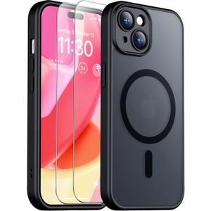 SPIDERCASE for iPhone 15 Case, Magnetic Translucent Matte Case with 2PCS Tempered Glass Screen Protector Slim Phone Case for iPhone 15 6.1'', Black