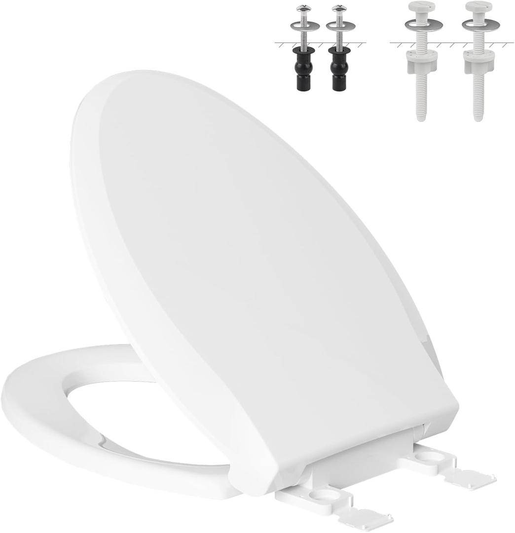 Hibbent Elongated Toilet Seat with Oval Cover, Soft Close Toilet Seat, Easy to Install,Never Loosen Hinge to Prevent Shifting, Non-slip Seat Bumpers and Easily Cleaning(White)