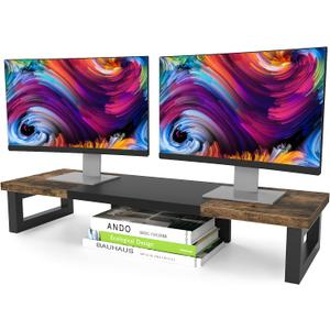 WESTREE Dual Monitor Stand Riser, Wood and Steel Multi-Purpose Desktop Storage Stand for 2 Monitors for Computer, Laptop, Printer, TV, Rustic Brown