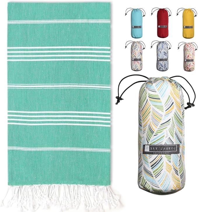 BAY LAUREL Turkish Beach Towel with Travel Bag 39 x 71 Quick Dry Sand Free Lightweight Large Oversized Towels Light (Holiday Green)