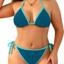 Tempt Me Women String Plus Size Bikini Sets Sexy Triangle Two Piece Halter Swimsuits with Tie Side Bottom Bathing Suit (16 Plus, Blue)