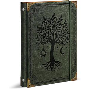 Leather 3 Ring Binder Fits 8.5"x11" Letter Size Paper, 1 Inch Round Ring Binder Holds 200 Sheets, Notebook Cover Loose Leaf Organizer, Green Tree
