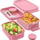 Jelife Bento Lunch Box for Adults - 3 Layers Leak-Proof Stackable Bento Box for Adults, 72oz Large-Style All-in-One Adult Lunchbox Bento Box with Utensil Accessories for Dining Out,Work, Pink