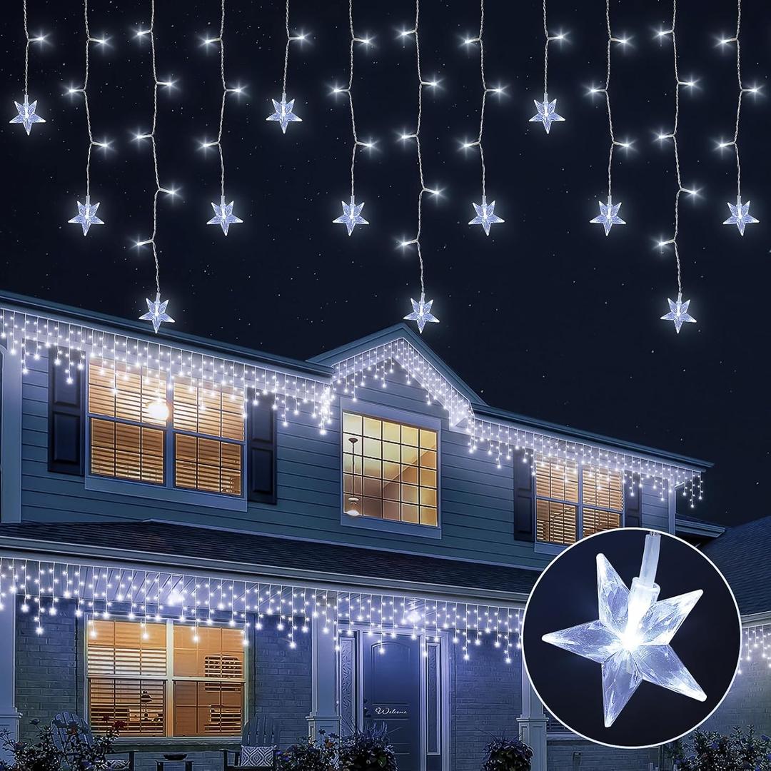 oopswow Star Icicle Lights Outdoor, 200 LED 40Drops Star Shaped Curtain Lights, 8 Lighting Modes, Timer, Waterproof, Connectable, Warm White