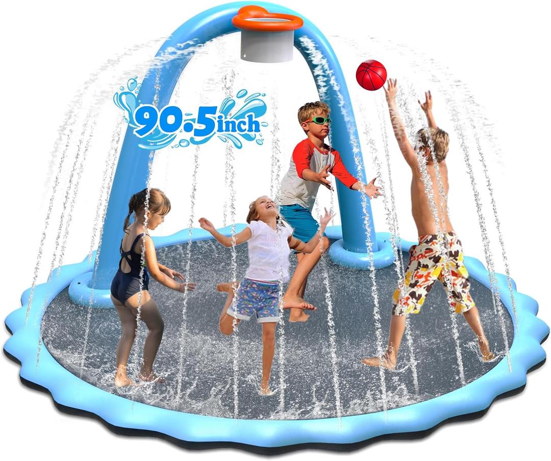 90.5'' Splash Pad, Non-Slip Sprinkler Mat with Basketball Hoop and Arch for Kids Outdoor Play, Shoot Game for Backyard, Inflatable Water Toys More Fun for Boys and Girls