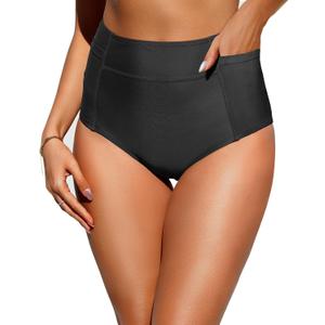 Tempt Me Women High Waisted Swimsuit Bikini Bottoms - Tummy Control Swim Bottom Full Coverage Bathing Suit with Pockets 2025 (Large, Black)