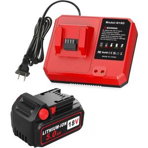 Abeden 18V Battery 5.0Ah with Charger, Replacement for Mliwaukee M18 Battery Pack, Compatible with 48-59-1802, 48-11-1802 & All 18V Cordless Power Tools (Red)