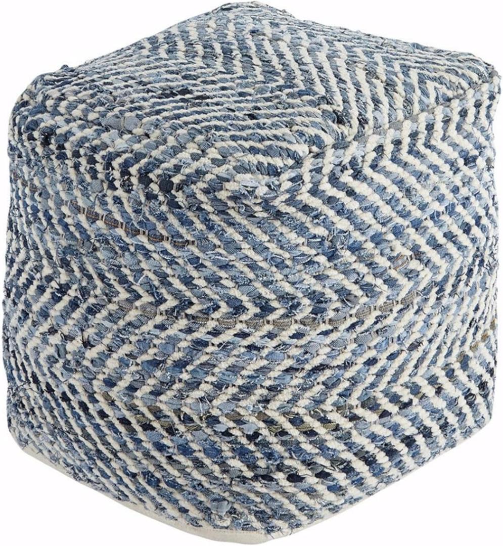 Signature Design by Ashley Chevron Handmade Woven Pouf 18 x 18, Blue and White