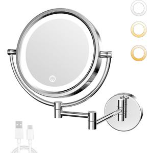 GURUN 10X Magnifying Makeup Mirror with Light - Wall Mounted Dimmable LED Mirror, 3 Color Modes Touch Screen, Rechargeable Brass Cosmetic Mirror with Adjustable Arm (Black)
