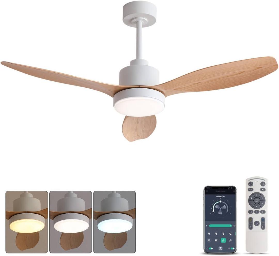 Jazimar 52" Ceiling Fan with Lights, Waterproof, Remote Control, 3 Color Dimmable LED, 6 Speed Reversible DC Motor, Ultra-Quiet 3-Blade Wood Grain for Living Room Bedroom Patio Porch