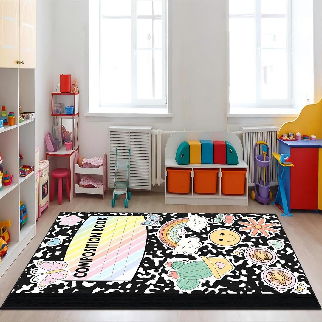 5x7.5ft Composition Classroom Rug Elementary Large Marble and Boho Educational Area Rug Non-Slip Composition Notebook Carpet Pastel Play Carpet for Preschool Back School Teaching Reading Mat