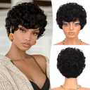 RUWISS Pixie Cut Wig Human Hair Curly Short Wigs for Black Women Glueless Pixie Human Hair Wig with Bangs for Daily Use Natural Short Bob Layered Wavy Human Hair Wigs for Black Women, Natural Black