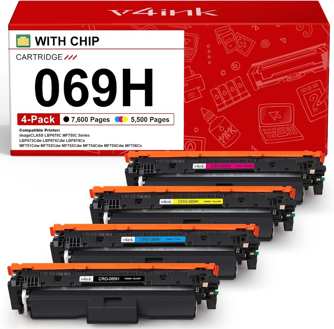v4ink 069H 069 Toner Cartridges High Capacity Compatible Replacement for Canon 069H 069 Works for Canon Color imageCLASS MF750C LBP670C Series MF753Cdw MF754Cdw MF751Cdw LBP674Cdw Printer 4-Pack (Black Cyan Magenta Yellow)