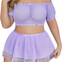 Avidlove Plus Size Garter Lingerie Set Mesh Ruffle Cosplay Lingerie with Mini Skirt 3 Piece Lingerie Set (Lilac)