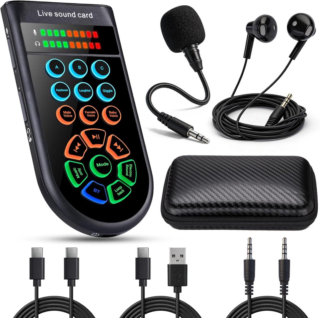 M300 Small Handheld Sound Card Set for Beginner Singing & Live Streaming, Voice Changer with Reverb/Vocal Enhancement/Sound Effects, w/AUX/Type-C/Bluetooth in, Includes Condenser Mic & Headphones