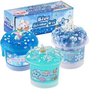 3 x 100mL Blue Slime Kit for Girls & Boys: Includes Clear, Water & Pearl Bead Crunchy Slime, Sensory Experience DIY Slimes Set, Slimes Party Favors for Kids Birthday Easter Halloween Teens Gift