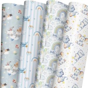 Pack of 2, SaringSwoon Baby Shower Wrapping Paper for Boys Birthday Baby Shower - Blue Gift Wrap With Funny Animals, Airplane, Rainbow, Elephants, Balloon and Baby Boy Design - 20×29 Inches, 8 Folded Sheets