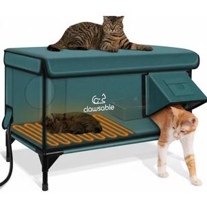 Indestructible X-Large Heated Cat House for Outside Winter, 100% Waterproof, Safe Escape Door, Insulated Outdoor Cat Shelter with Heater for Feral Barn Cat Kitty (Forest Green, 30"x17"x20")
