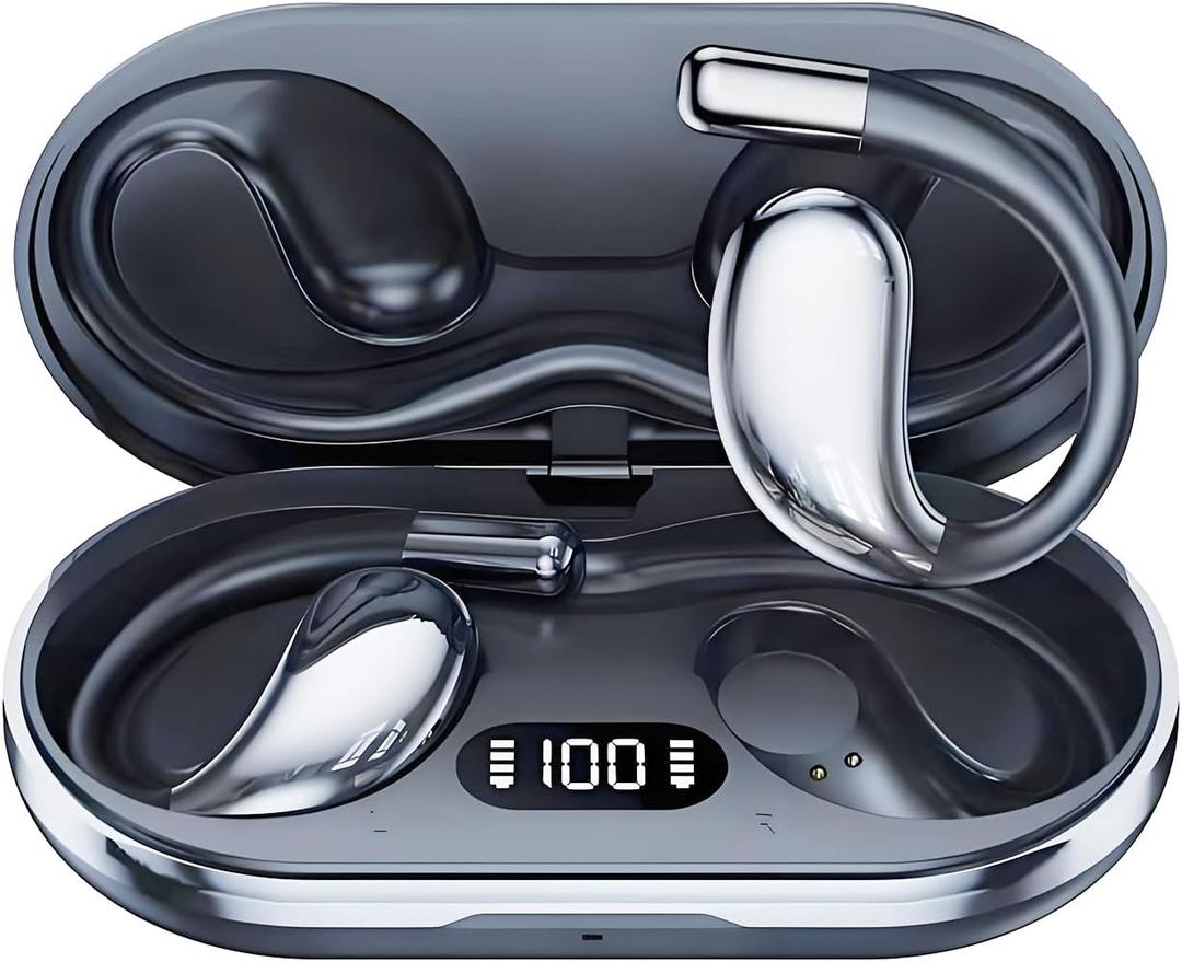 sixco New Open Ear Headphones Pain-Free Earbuds Wireless 5.4 Bluetooth Ear Buds with LED Digital Display Charging Case IP55, Touch Control Air Conduction Stereo Sound (Black)