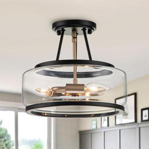 11.8 Inch Small Black and Gold Semi Flush Mount Ceiling Light Fixture 3 Light,Drum Modern Clear Glass Ceiling Light Fixtures for Bedroom,Entryway,Hallway,Kitchen,Dining Room,Bathroom, 11.8 inch-E12
