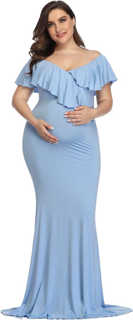 YnimioAOX Maternity Long Dress Ruffles Elegant Maxi Photography Dress Stretchy Slim Gowns for Photoshoot, X-Large, A-Light Blue