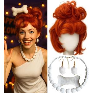 Swooflia Orange Bun Wig for Women & Cosplay Wig Accessories - Convenient Set for Halloween, Costume, Party and Daily Use, Includes Necklace, Earings, Cosplay Wig with Adjustable Wig Cap (Wig1-09)