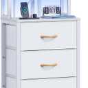 Furnulem Tall Night Stand, 52.1 Inch LED Nightstand with Charging Station and USB Ports, 4 PVC Fabric Drawers and 4 Tier Storage Shelf, Bedside Table for Bedroom, Dorm, Office (White)