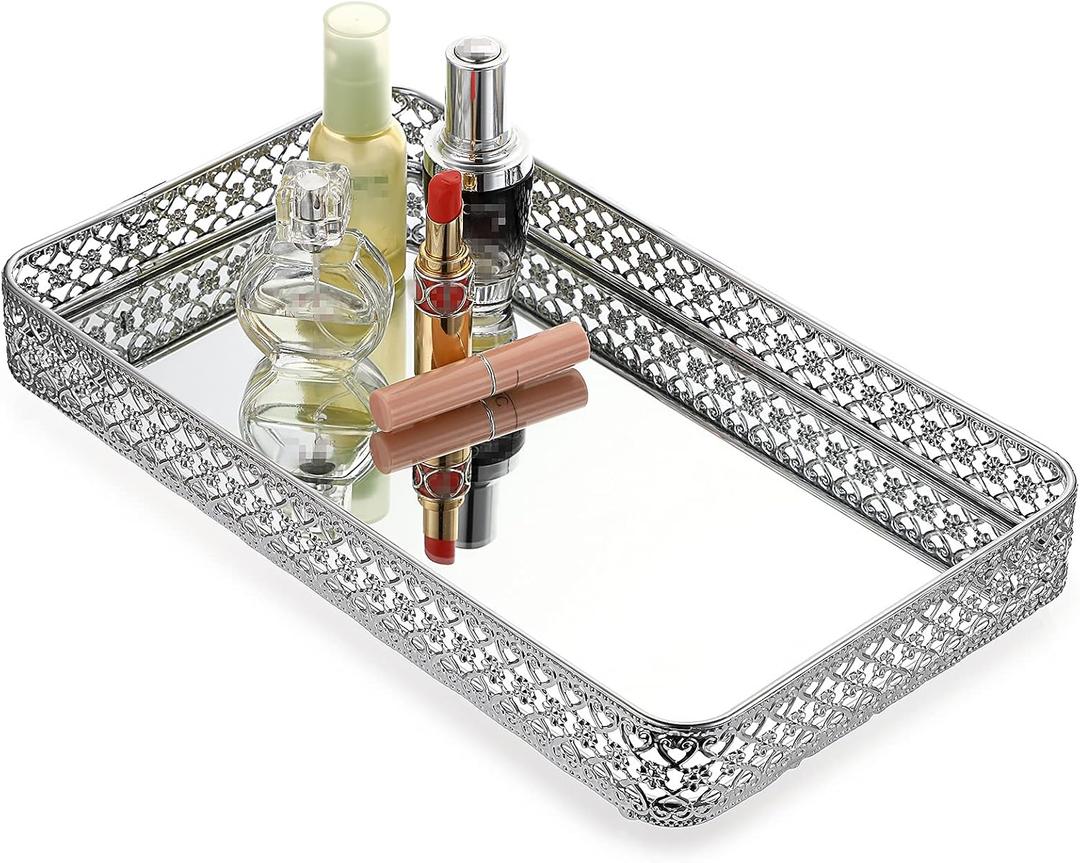ELLDOO Perfume & Makeup Mirror Tray - Silver Metal Organizer for Dresser & Bathroom Countertop, Hollow-Carved Design Jewelry Storage Large Size 13.8" x 7.9"
